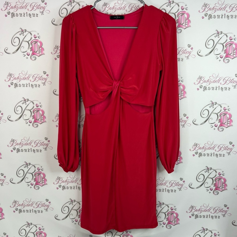 21 saints dress cut outs front twist sexy bubble sleeve Chic Red Long Sleeve